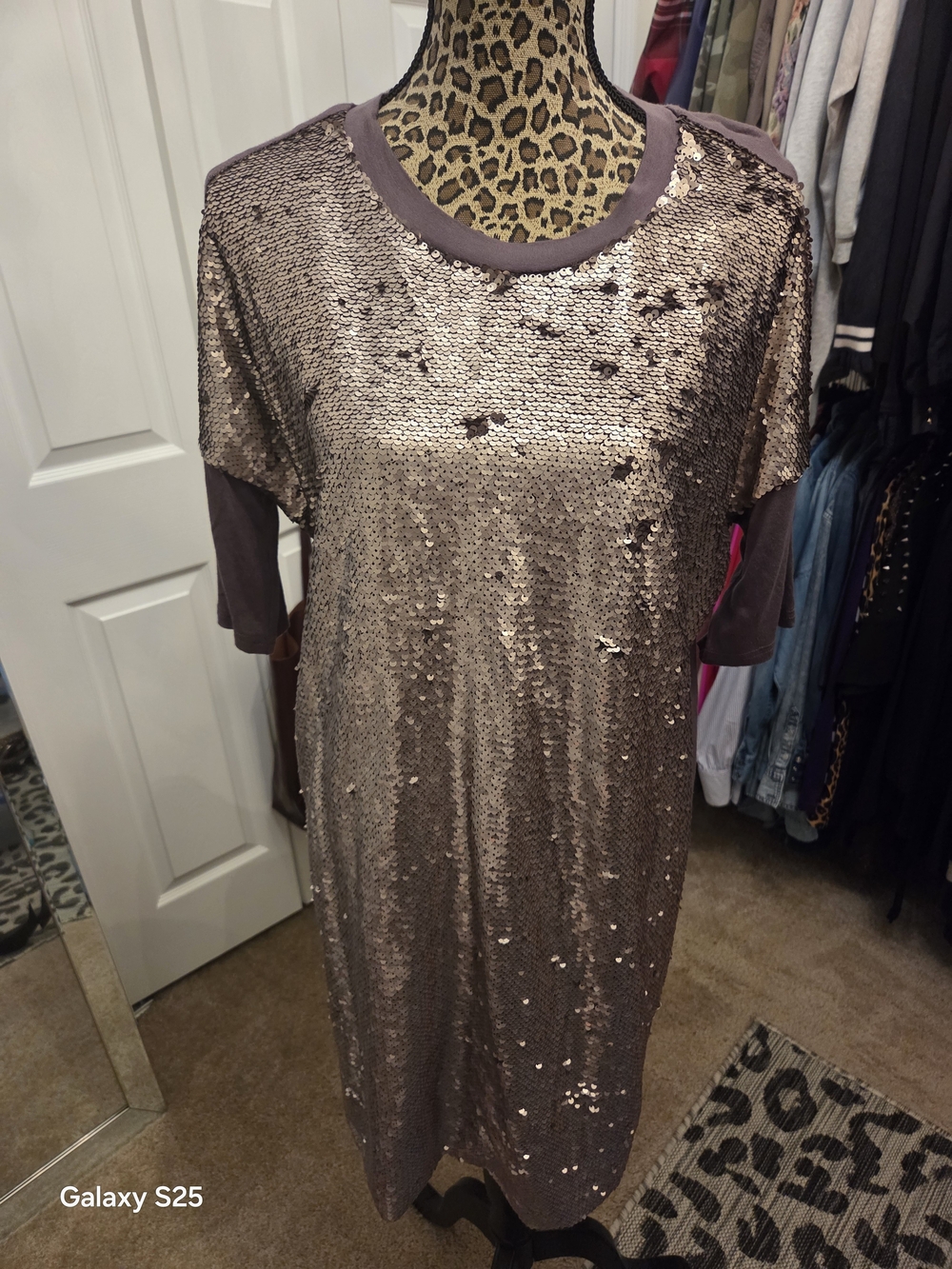Sequin Shift Dress in Metallic Taupe